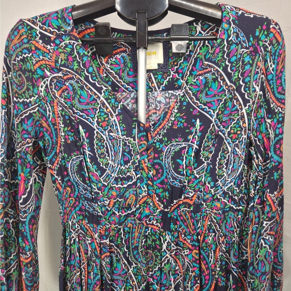 Maeve Anthropologie Paisley Dress Women Size M Navy Multi Boho Whimsical V-Neck